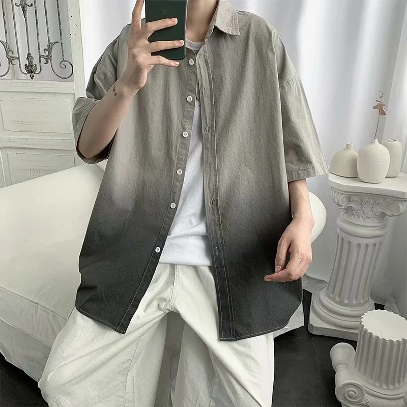 工裝襯衫漸變色男士長袖韓版潮流寬鬆帥氣個性襯衣外套