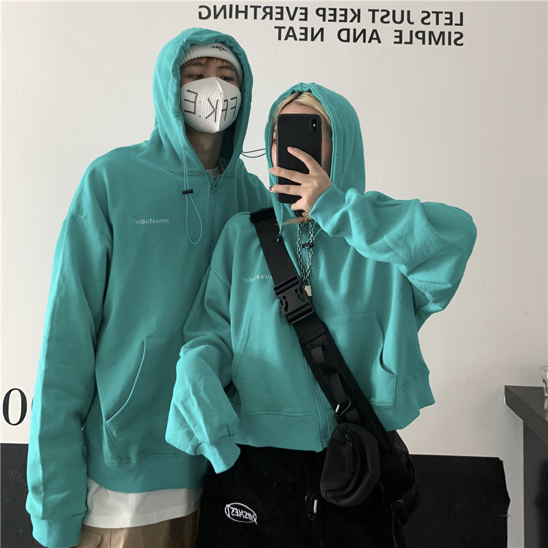 湖藍色短款長袖連帽衛衣外套上衣情侶閨蜜裝寬鬆百搭