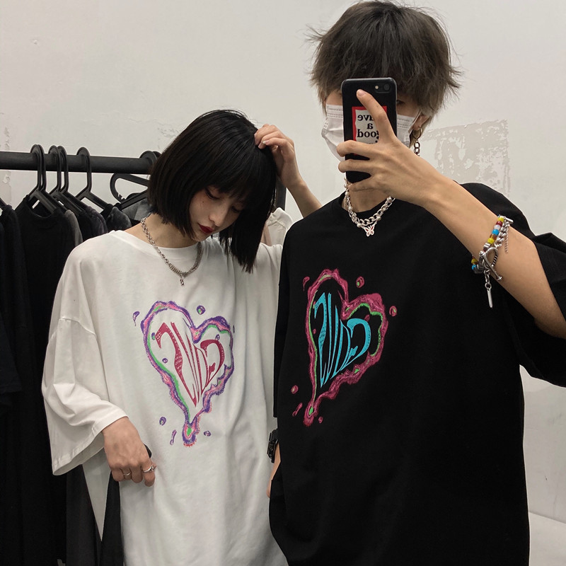 Original Korean retro versatile loose love printing couple short sleeve T-shirt for men and women