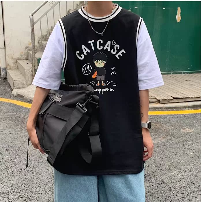 原創男短袖ins潮牌潮流印花假兩件籃球服國潮情侶T恤