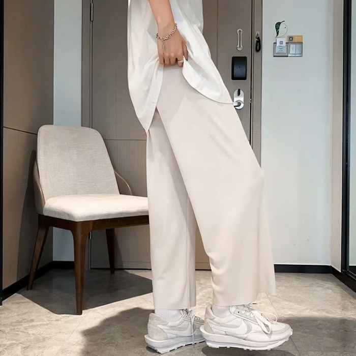 Ice silk wide leg pants summer simple and loose Capris Hong Kong Style thin pure color vertical straight pants