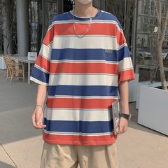條紋韓版短袖T恤男寬鬆潮流百搭五分袖夏季港風情侶裝