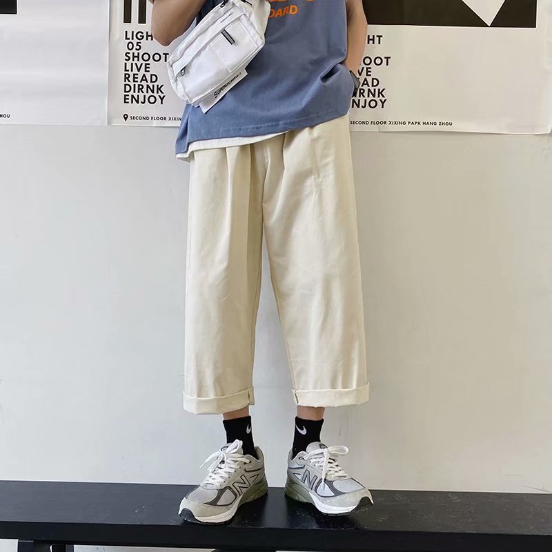 Harajuku style autumn and winter cotton versatile nine point wide leg solid color loose straight casual pants for men