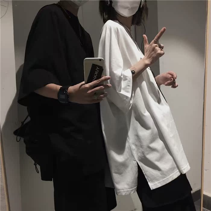 夏季原宿isn 落肩插肩袖半袖寬鬆純色百搭開叉短袖上衣