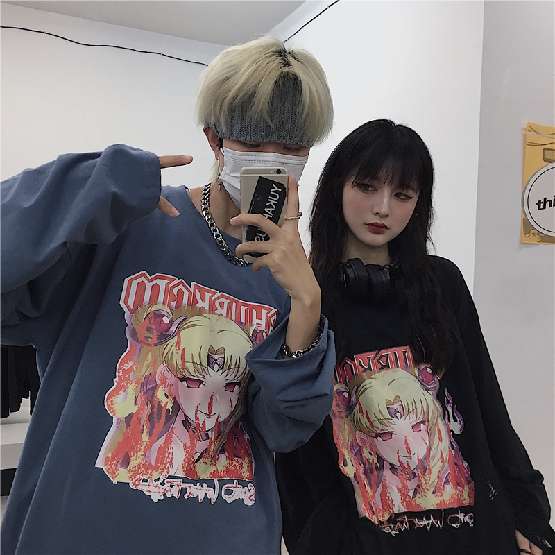 Original early spring ins funeral flame cartoon print loose long sleeve T-shirt for men and women