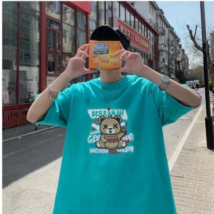 Original fun graffiti colorful bear T-shirt short sleeve men's and women's loose and versatile top pure cotton