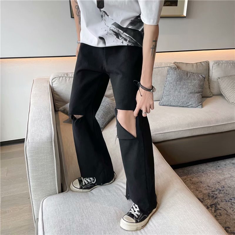 Summer thin jeans with holes men's loose straight fashion light beggars' casual pants