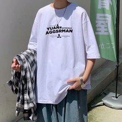 Short sleeve men's top summer loose simple letter versatile half sleeve Hong Kong Style T-shirt 5 / 4 sleeve