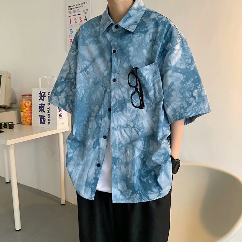 Glass tie dye printed shirt men's summer fashion brand personalized short sleeve shirt Hong Kong Style loose inch shirt