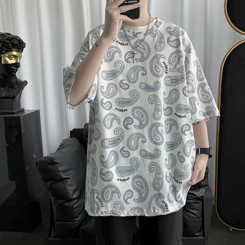 Summer cashew flower short sleeve Hong Kong Style T-shirt versatile half sleeve top loose Quarter Sleeve