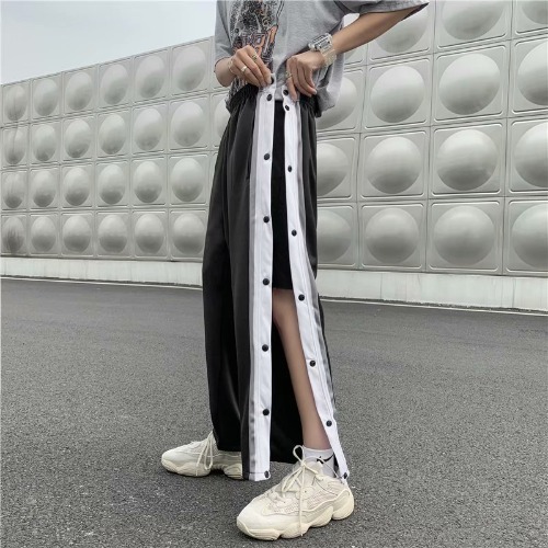 Summer full open button side breasted pants straight tube loose wide leg pants Hong Kong Style versatile basketball pants