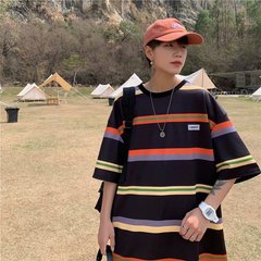 Hong Kong style color striped short sleeve t-shirt men's summer wear loose and versatile student's Quarter Sleeve T-Shirt