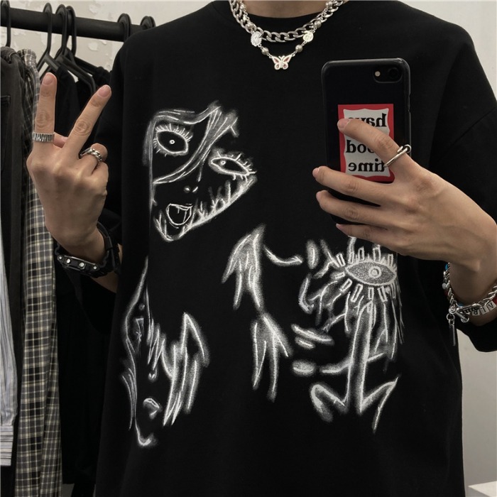 Original ins same original Harajuku cartoon facial sketch print loose short sleeve T-shirt for men and women