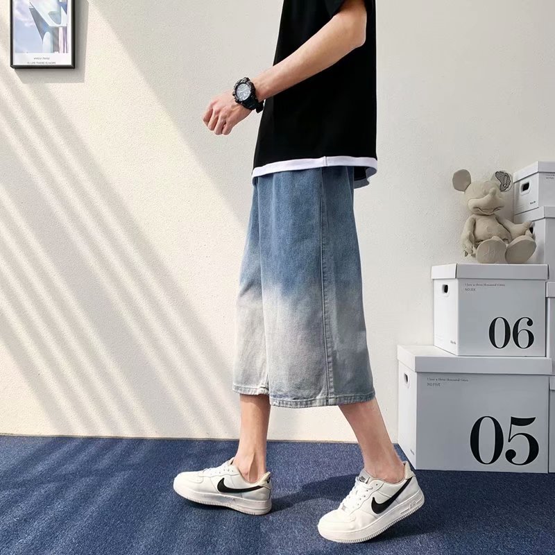夏季潮流寬鬆水洗牛仔七分褲港風百搭休閒潮牌直筒中褲