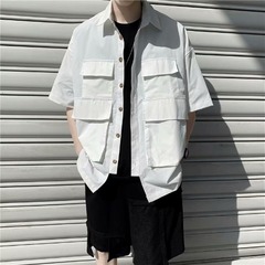 Solid color Multi Pocket tooling coat men's summer ruffian design shirt Japanese loose shirt