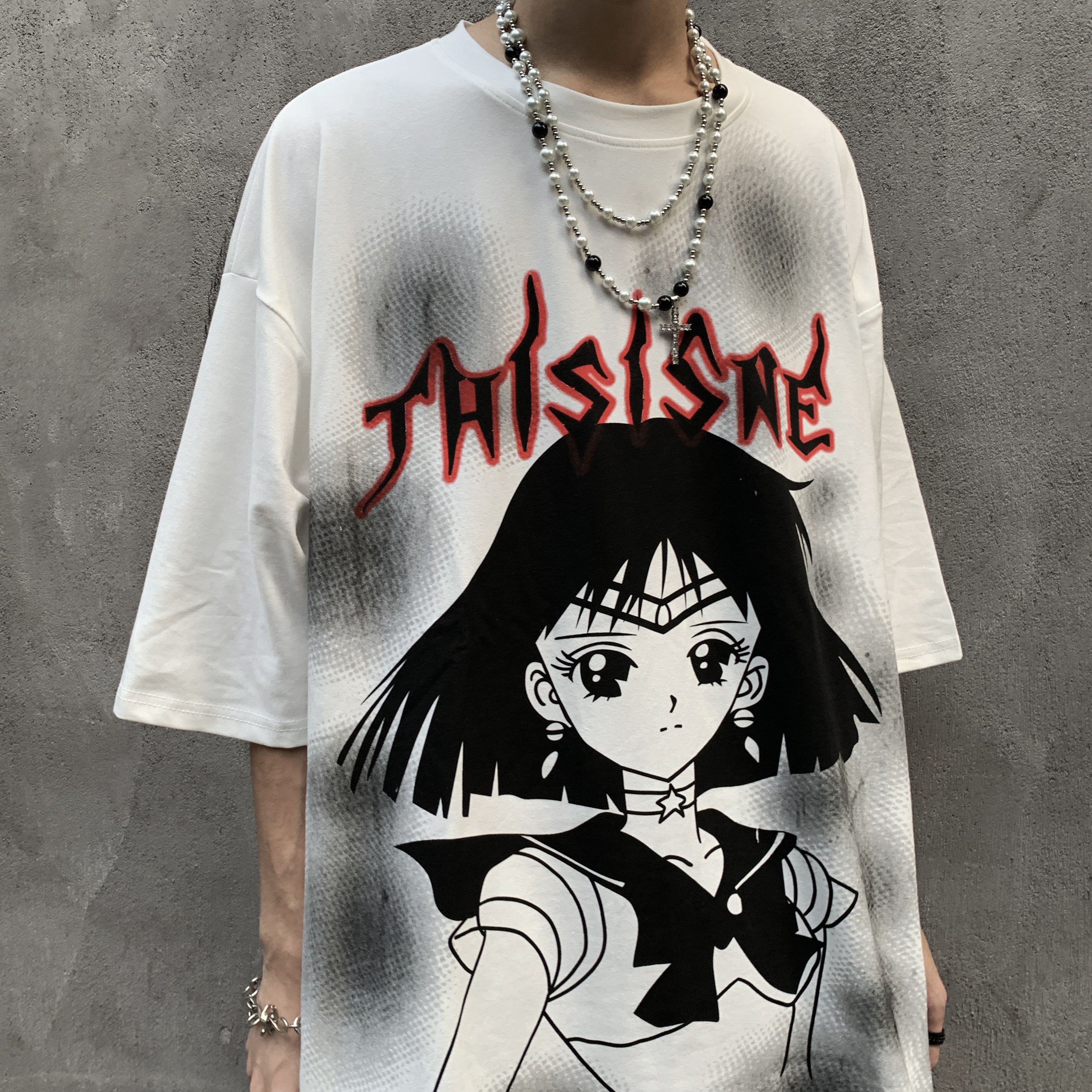 Original summer new style Harajuku wind dark cartoon two dimensional direct spray loose T-shirt for men and women