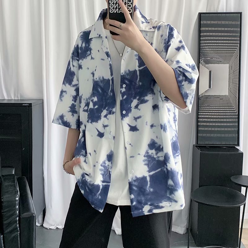 Summer Korean style Retro Tie Dye short sleeve shirt thin shirt couple loose top