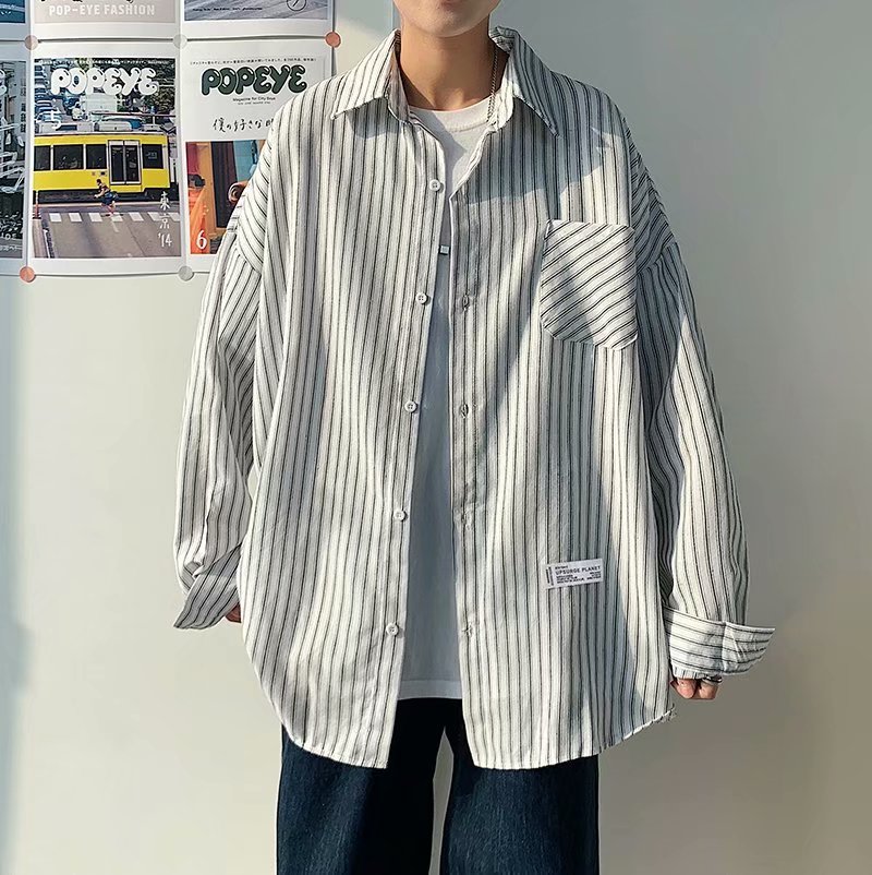 港風復古條紋襯衫潮流長袖寬鬆情侶學生寬鬆氣質襯衣