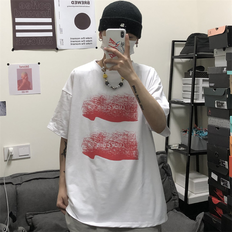 原創韓版復古原宿風字母線條印花寬鬆百搭短袖恤男女