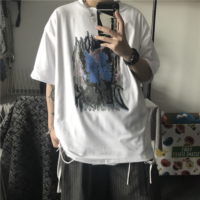 INS同款復古原宿暗黑蝴蝶字母印花百搭寬鬆短袖T恤男女