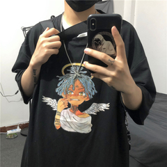 Same retro Harajuku cartoon angel print versatile loose short sleeve T-shirt for men and women