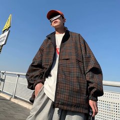 韓版帥氣休閒格子夾克百搭春季港風寬鬆兩面穿外套