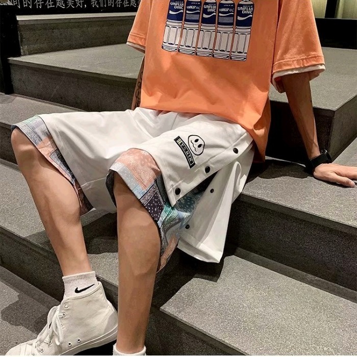 High street breasted fake two piece Capris summer Hong Kong Fashion wide student loose basketball pants