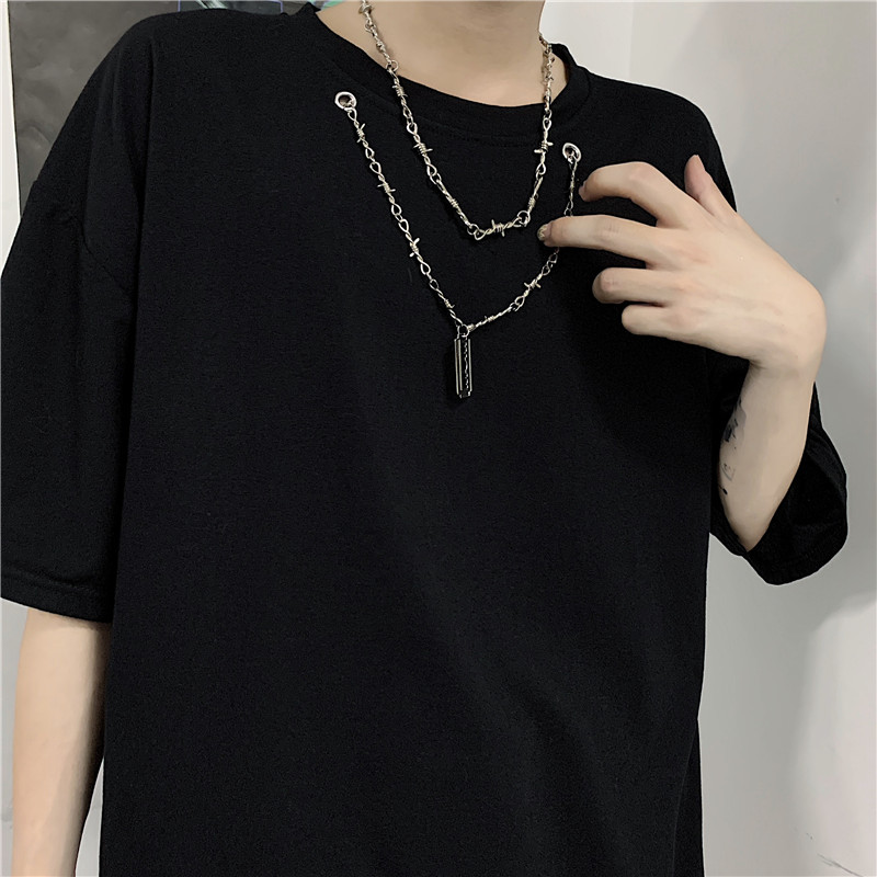 Original Korean version ins summer hip hop hole solid short sleeve men's and women's loose T-shirt with Necklace
