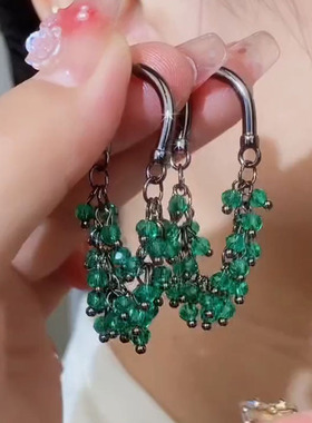 新款个性百搭高级感耳饰独特设计绿色水晶串珠耳钉小清新耳环L256
