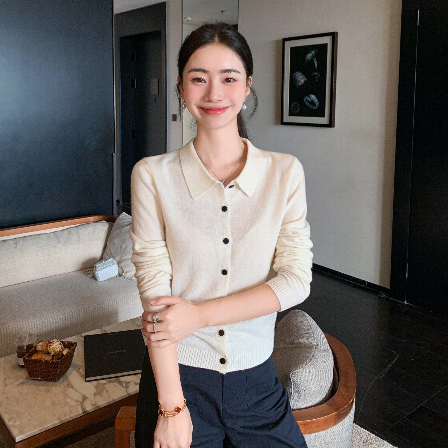溪诺家/静奢POLO领羊绒开衫女短款针织衬衫外套休闲打底上衣
