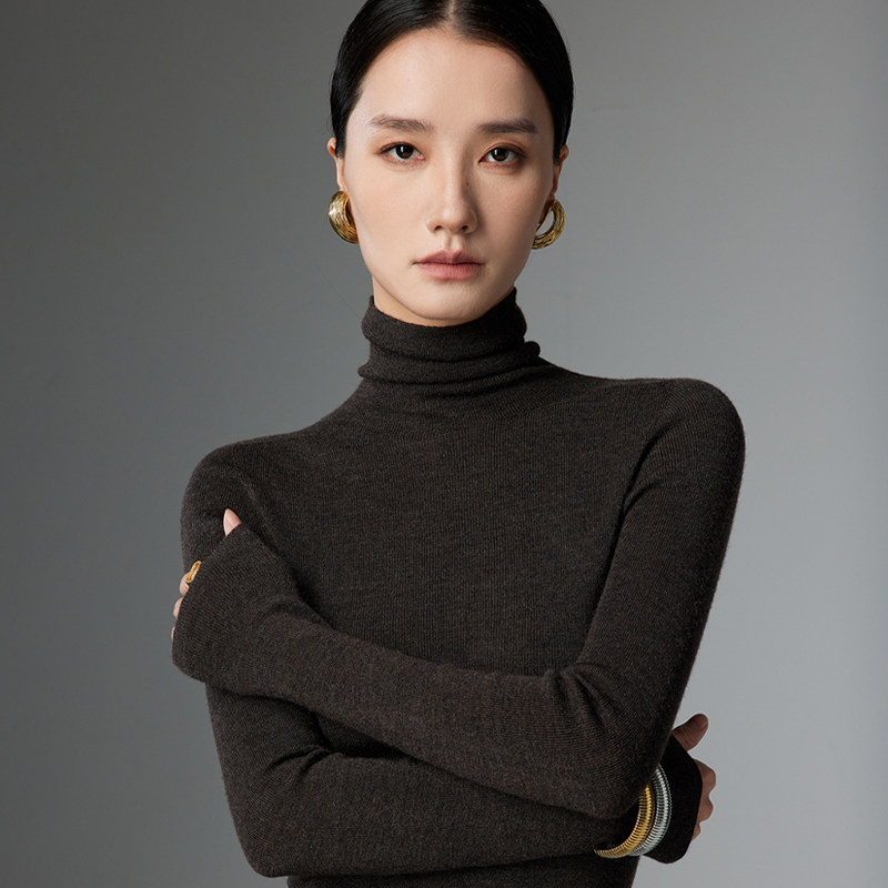 120s 扬子纱18针堆堆领精纺100羊毛衫女高领内搭无缝针织打底