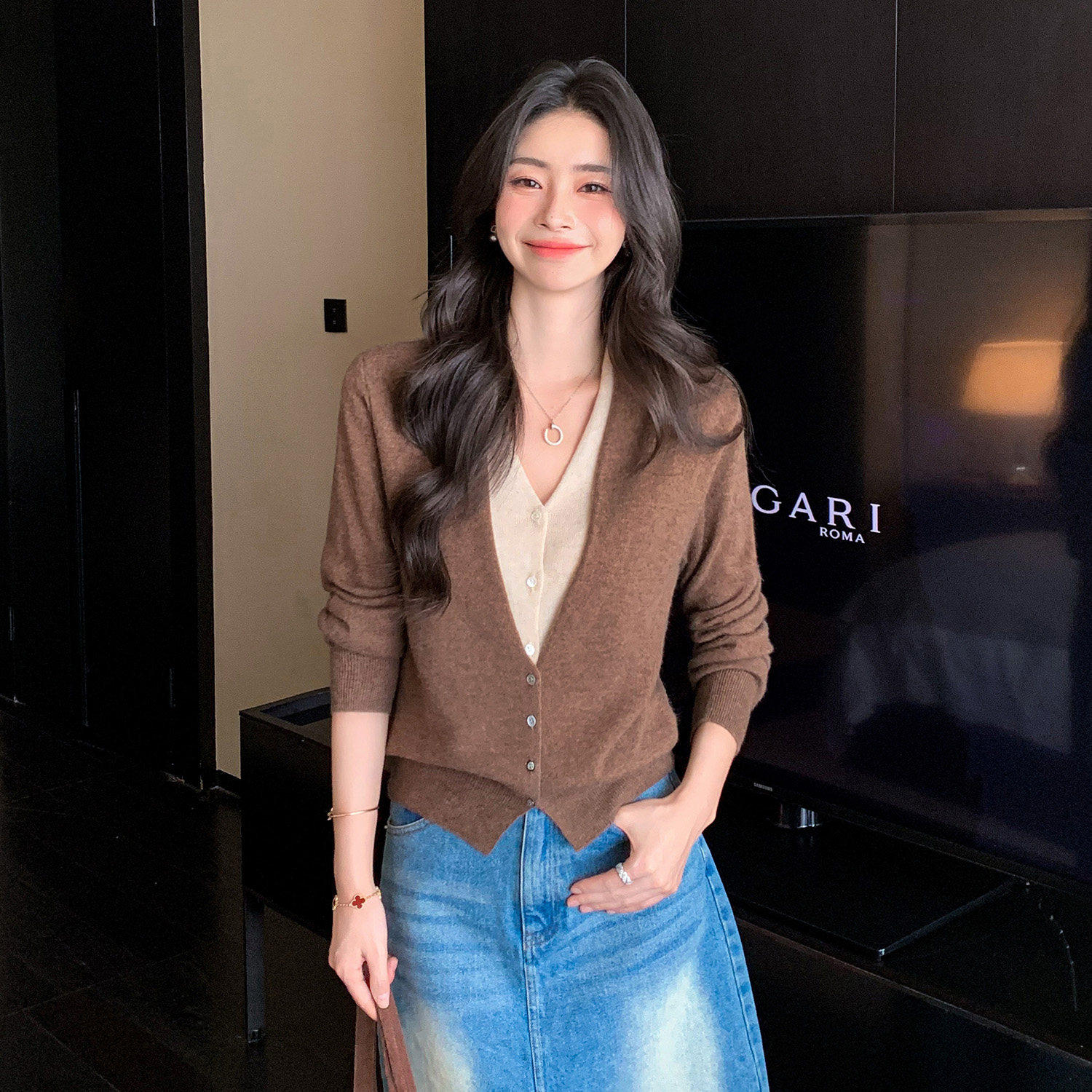溪诺家/复古收藏家假两件羊绒衫V领针织开衫宽松气质拼接外套女