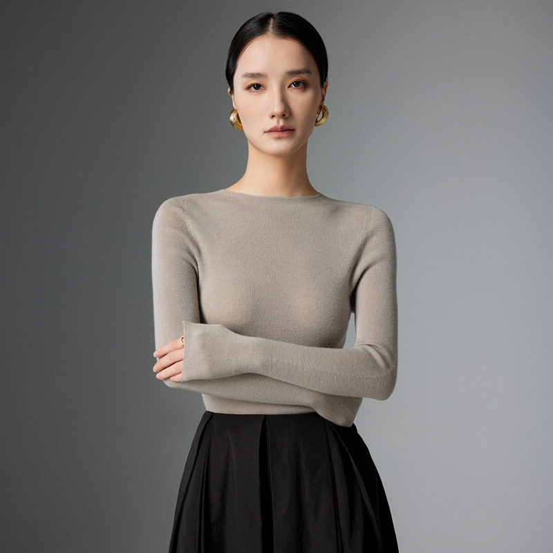 无缝一体扬子纱120s精纺羊毛衫女圆领秋冬毛衣套头内搭针织打底衫