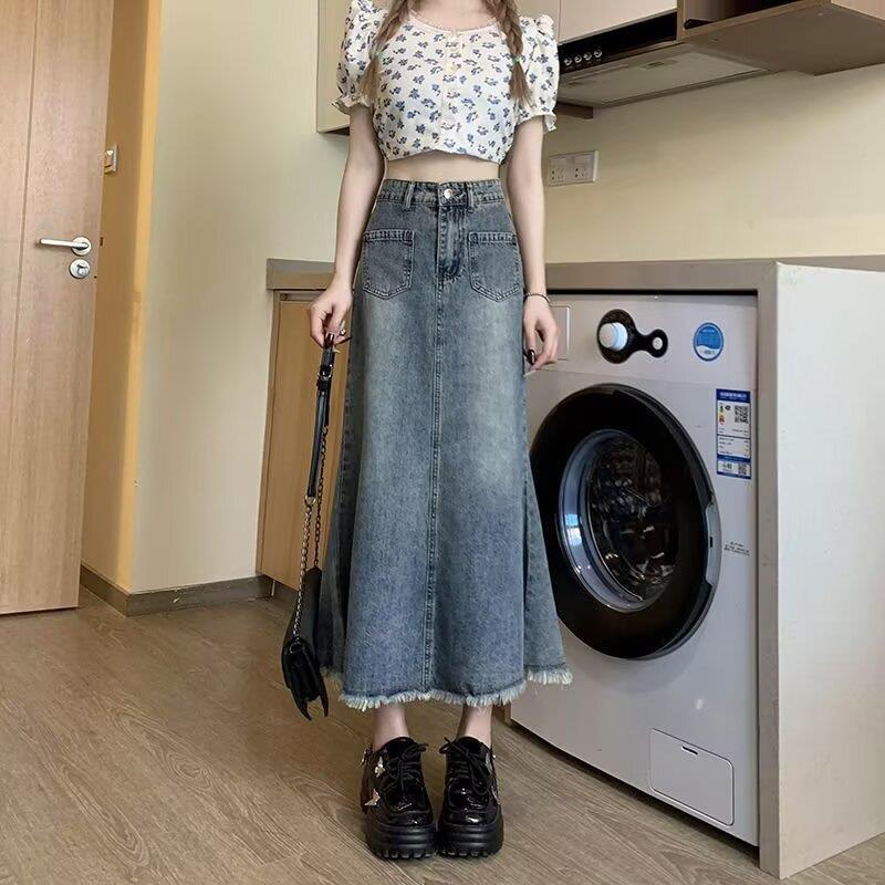 复古牛仔半身裙女2026春夏季新款高腰小个子显瘦毛边中长款鱼尾裙
