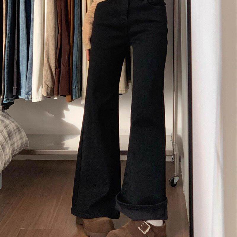加绒加厚黑色微喇牛仔裤女冬季大码胖mm高腰显瘦弹力小个子喇叭裤