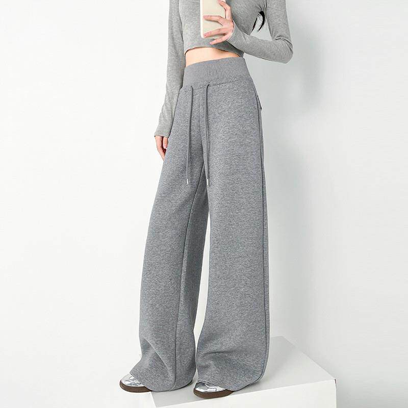 灰色运动卫裤女士2026春季新款美式复古松紧腰休闲直筒阔腿裤子