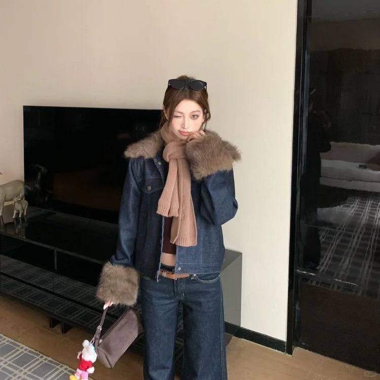 韩版毛毛领牛仔外套女秋冬2025新款气质宽松显瘦加厚短款棉服上衣,女装/女士精品,短外套,淘宝优惠券,粉丝福利购,淘宝优惠卷