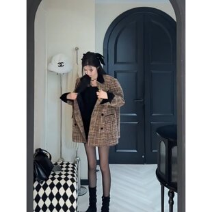 复古小香风西装外套女款秋冬加厚韩系气质宽松开春季格子短款上衣