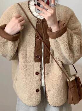 秋冬季韩系气质百搭小香风羊羔毛外套女皮毛一体拼色宽松毛毛上衣