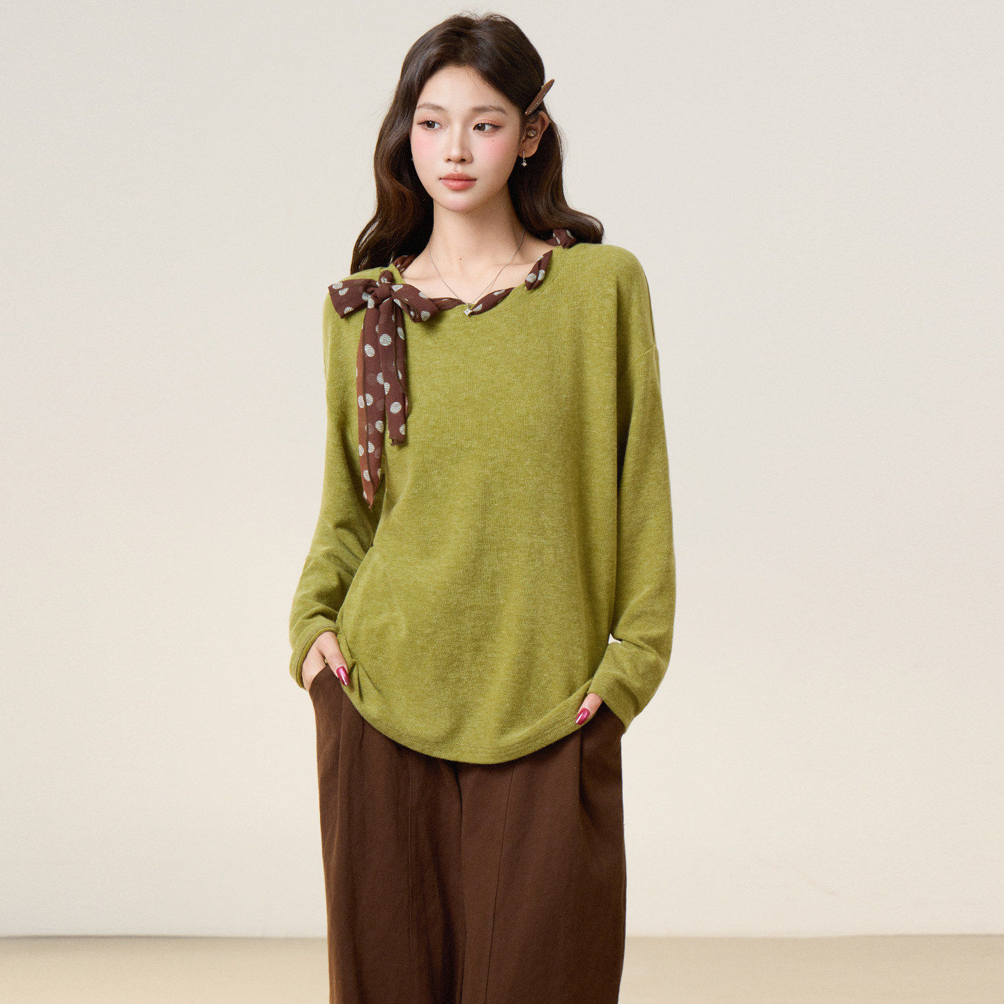 韩系长袖打底t恤女2026秋装新款宽松气质休闲百搭波点丝巾上衣女,女装/女士精品,T恤,淘宝优惠券,粉丝福利购,淘宝优惠卷