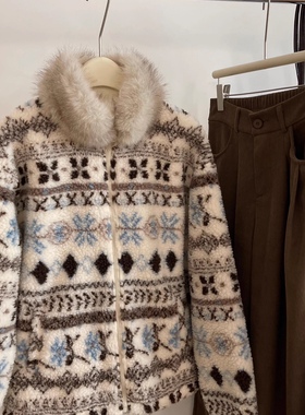 韩代@oun*e【冬日来信】可拆卸毛领复古费尔岛加厚保暖羊羔绒外套