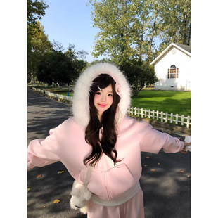 粉色毛领短款外套卫衣女款冬季2026新款小个子休闲甜美加绒厚上衣