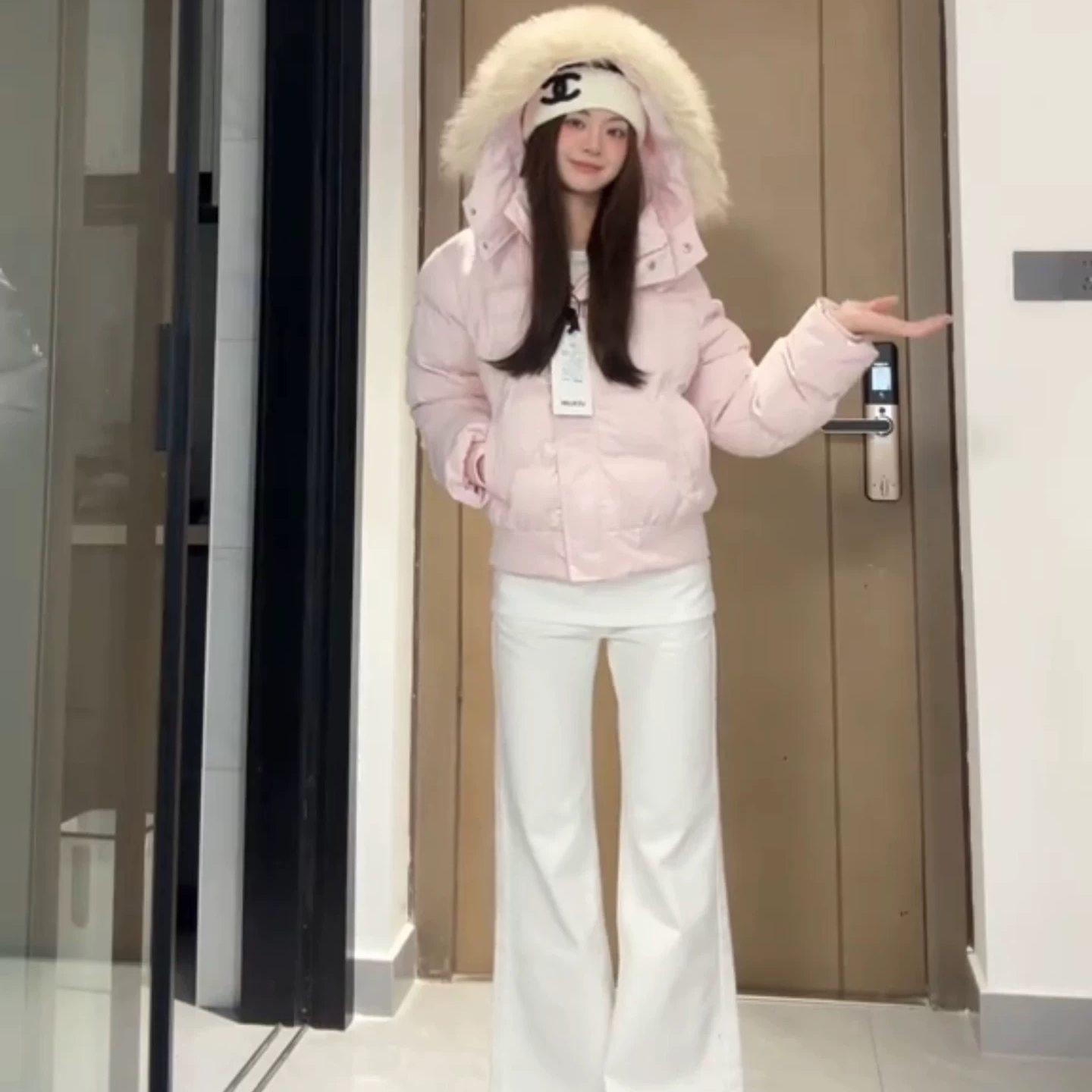 粉色毛领连帽羽绒棉服女冬季新款加厚韩版收腰短款小个子棉衣外套