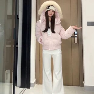 粉色毛领连帽羽绒棉服女冬季新款加厚韩版收腰短款小个子棉衣外套
