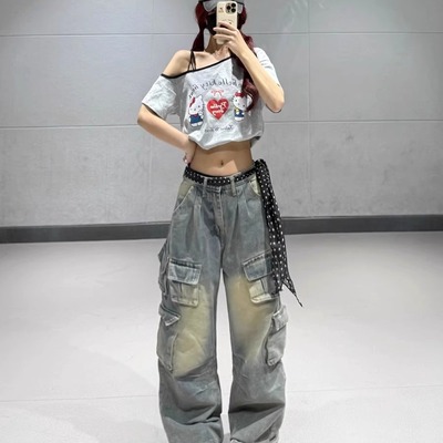 潮流美式印花撞色斜肩上衣