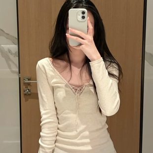 甜辣妹bm风蕾丝花边打底衫 设计感小众纯欲内搭上衣ins T恤秋冬新款