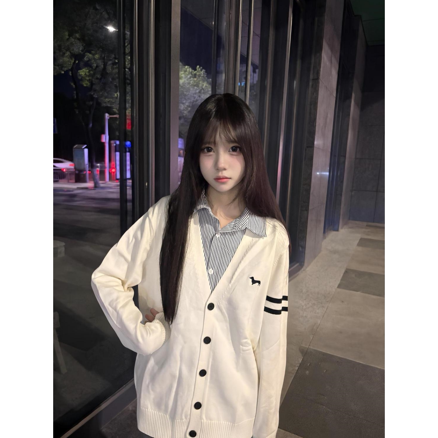 美式复古假两件POLO领针织衫女秋冬国潮牌学院风高级感情侣装外套