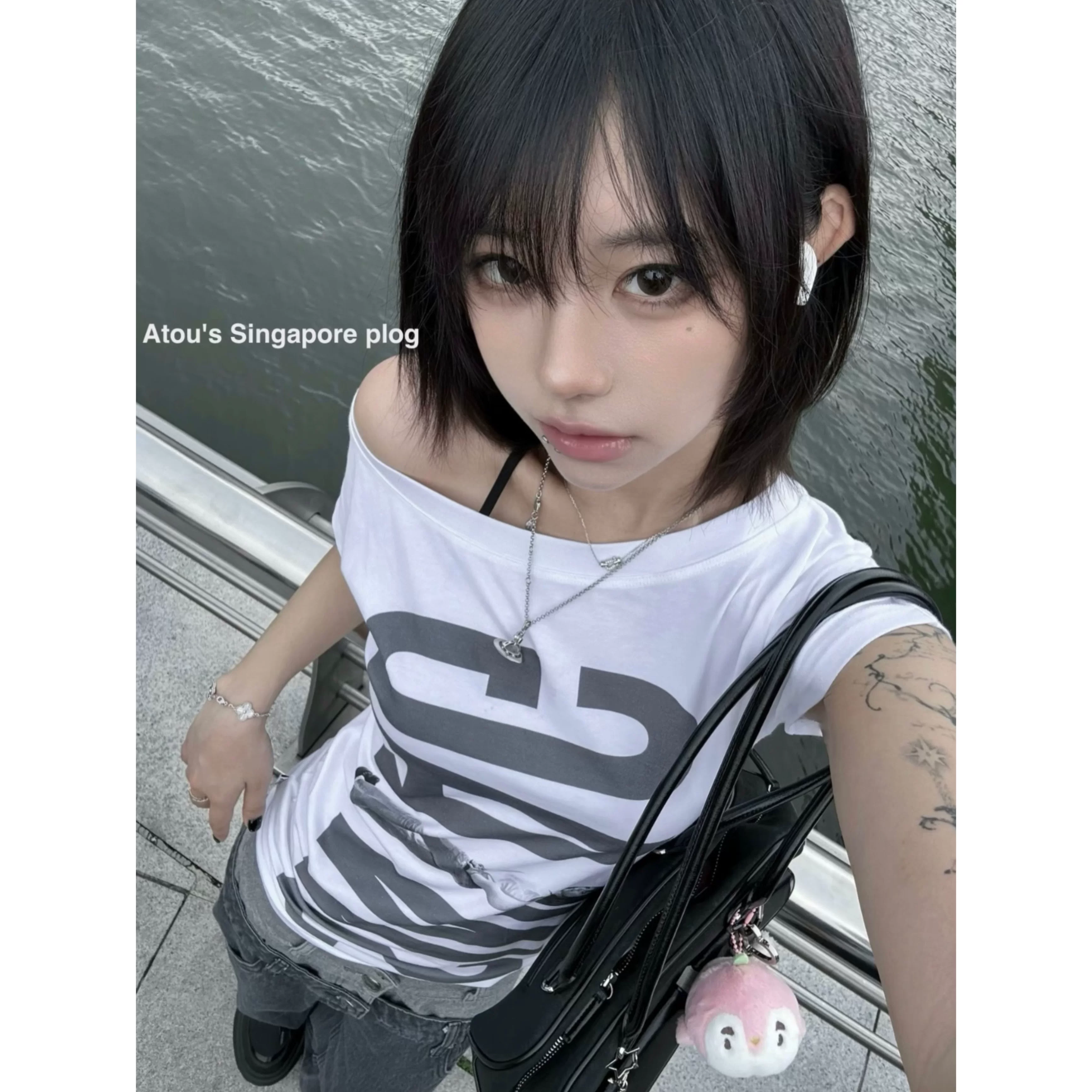 美式辣妹风修身显瘦斜肩上衣