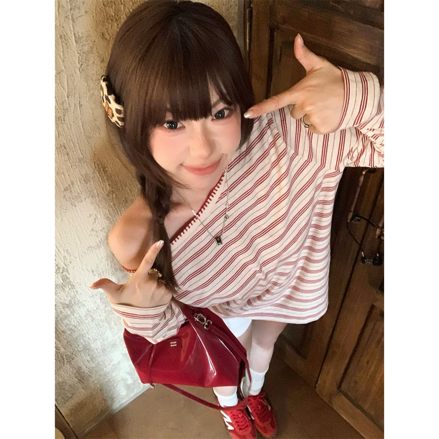 美式甜辣拼接条纹露肩防晒衣罩衫