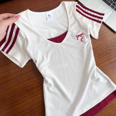 修身 蕴有心机～辣妹正肩撞色假两件短袖 T恤女夏季 显瘦好看上衣ins